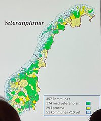 Kart som viser hvilke kommuner i landet som har eller ikke har veteranplan. Grønn markering på kommuner som har veteranplan. 